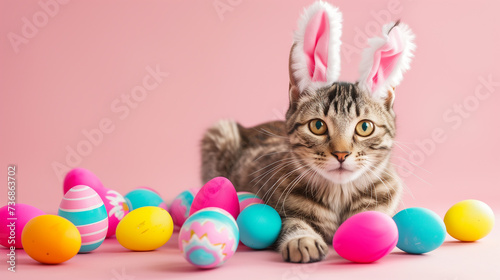 Cute cat wearing bunny ears headband studio shot background surrounding by easter eggs, easter celebration concept