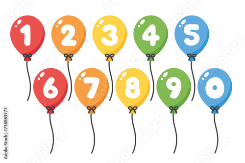 Set of colorful numbered balloons illustration. Baby and kids party decoration. 