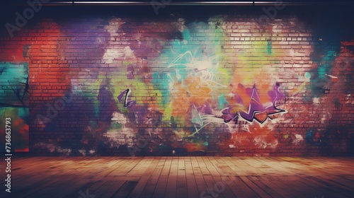 A digital composite of Colorful paint splashes against a brick wall and wooden floor