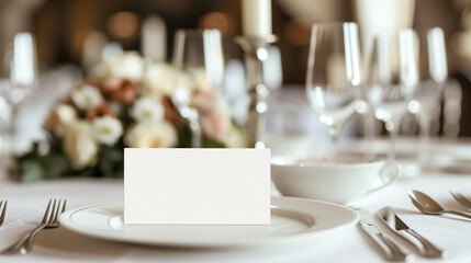 Table place setting blank menu card mockup or reserve in wedding invite and special event