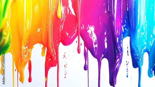 Colorful paint dripping on a white background. Close-up.
