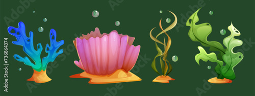 Seaweed and coral cartoon set. Vector illustration collection of different underwater ocean plant and reef. Marine or aquarium bottom tropical bright creatures. exotic undersea flora elements.