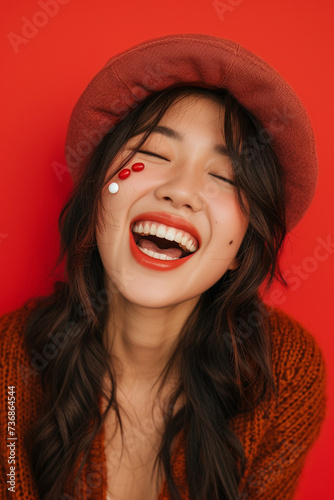 Portrait of laughing Asian young woman, girl on red background, selective focus