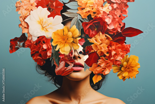 Abstract contemporary art collage portrait of young woman with flowers on face hides her eyes © wiparat