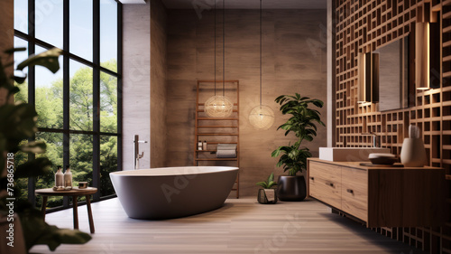 Modern bathroom interior with wooden decor in eco style