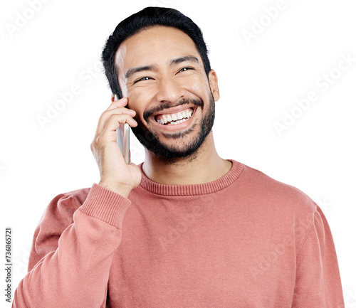 Man, phone call and happy for communication, networking and isolated on transparent png background. Asian male person, smartphone and excited for conversation, listening and laughing for funny joke