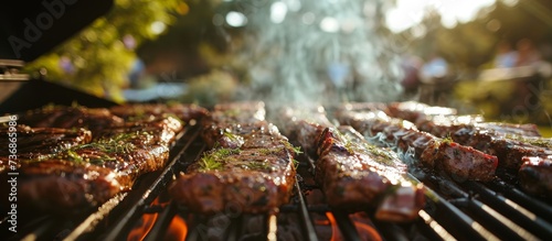 Meat marinating on grill for garden party dinner, selective focus, shallow dof.