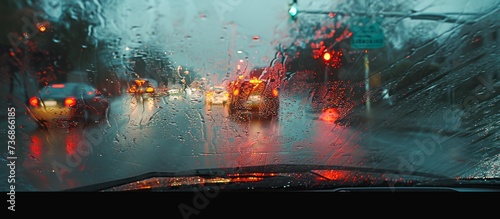 A vehicle is traveling on a wet asphalt road in the rain, its automotive lighting piercing through the liquid on the surface with automotive tires gripping the road photo