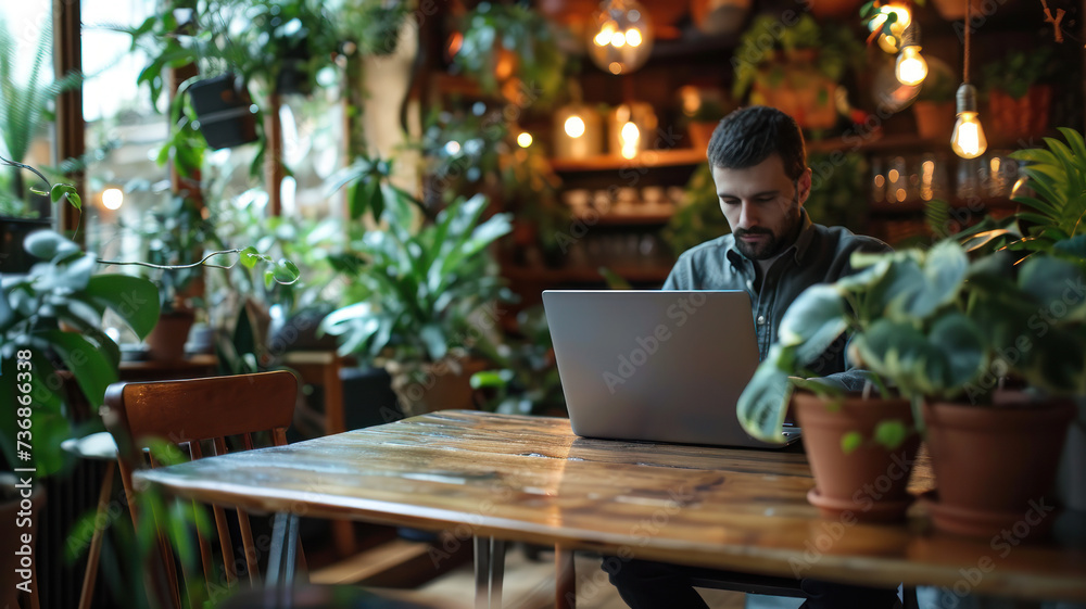 business use Laptop sitting in cozy cafe business use Laptop sitting in cozy cafe