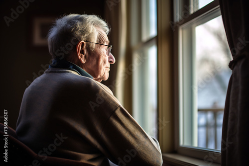 Pensive Senior Man Gazing Through Window. Reflective Mood and Elderly Contemplation Concept