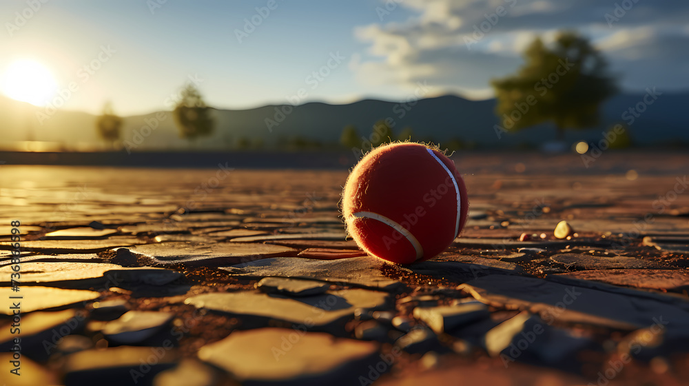 Professional photo of tennis court, racket and ball staged - obrazy, fototapety, plakaty 