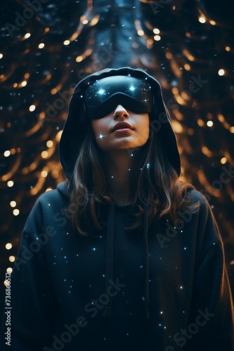 Winter vr magic. captivating girl in glasses explores virtual reality amidst christmas tree