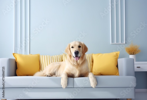 There is a pet dog on the light blue sofa, the room is simple and elegant