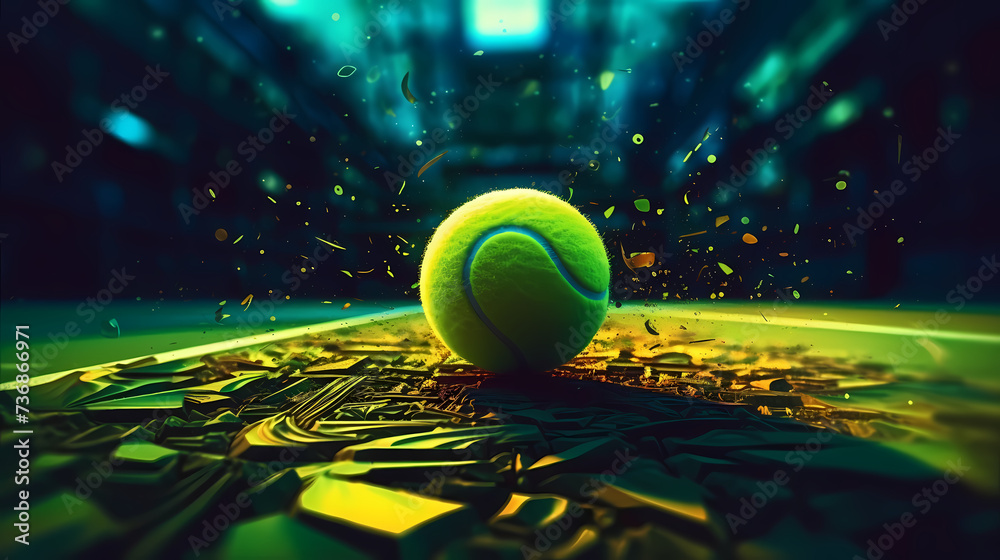 Professional photo of tennis court, racket and ball staged - obrazy, fototapety, plakaty 