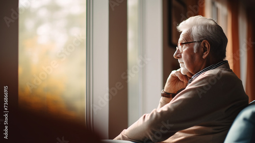 Pensive Senior Man Gazing Through Window. Reflective Mood and Elderly Contemplation Concept