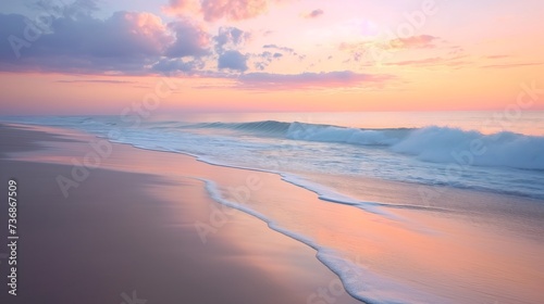 Sunrise Serenity: tranquil beauty of a sandy beach at sunrise, with soft pink and orange hues illuminating the sky and reflecting off the gentle ocean waves, nature