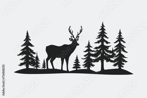 Vector illustration of a silhouette of a deer and trees..