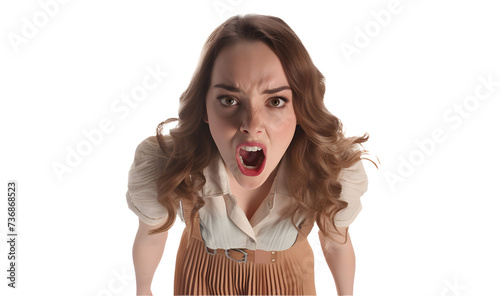 isolated on transparent background. photo from above high angle. Elizabeth Gillies. she is fighting yelling shaking fist. photo