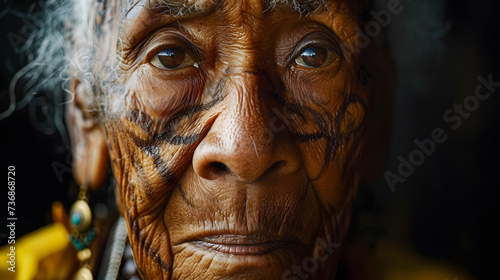 Elderly Woman with Traditional Facial Tattoos. Close-up traditional facial tattoos conveying a lifetime of cultural stories and wisdom. AI