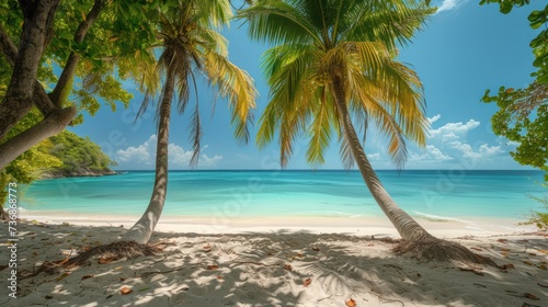 A beautiful exotic beach with palm trees, white sand and blue © sirisakboakaew
