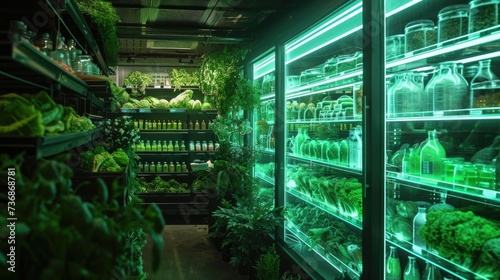 A hologram of a futuristic marketplace featuring a variety of sustainable and locallygrown products from hologramisted farms promoting
