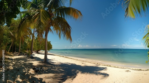 A beautiful exotic beach with palm trees  white sand and blue
