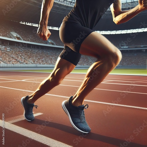 olympic games | Close-up of. runner, legs, in.the. stadium | Male runner on starting block, Athlete legs standing on starting block | Runner Stride. In Motion, Athlete man running on racetrack,