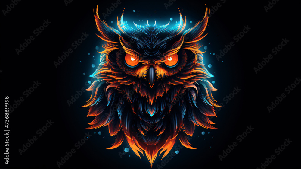 Neon glowing generated owl on black background.