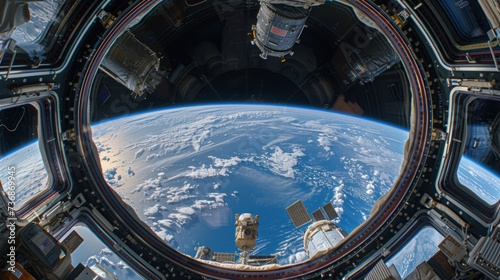 Spacecraft in the open space of space, satellite power Space station with a view of the Earth