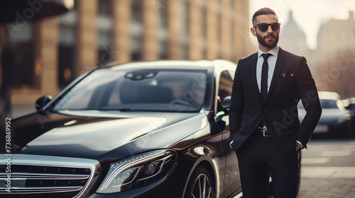 A professional driver next to a luxury car. A handsome man wearing a stylish black suit and sunglasses provides driver services. © liliyabatyrova