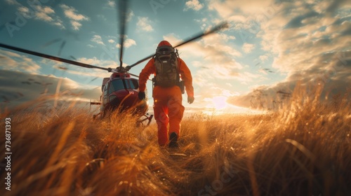 A paramedic runs up to the landing helicopter photo