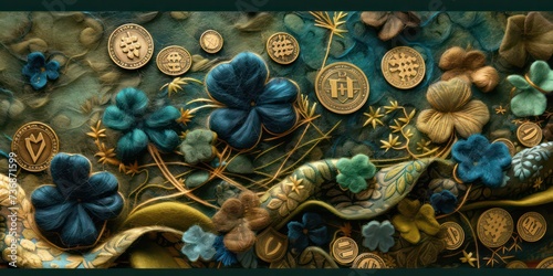 Delicate wool blue shamrocks and glistening gold coins in needle felting.