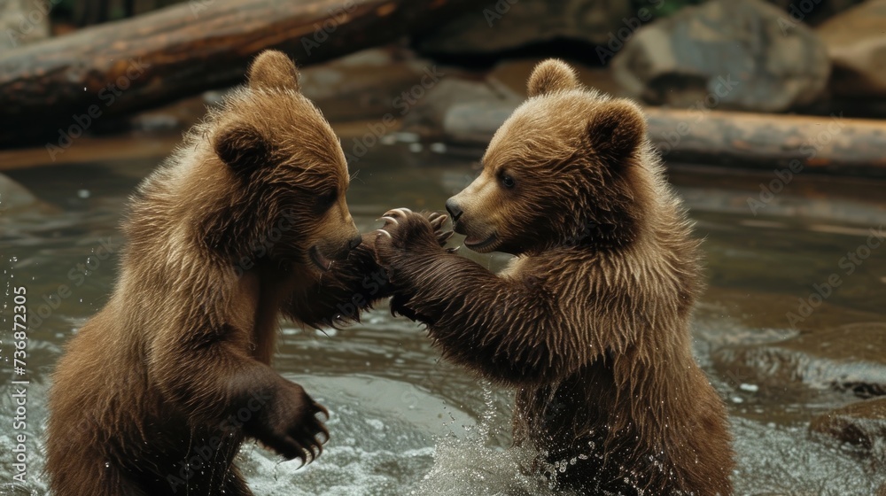 Obraz premium two brown bears playing with each other in a body of water with rocks and logs in the background and a log in the foreground.