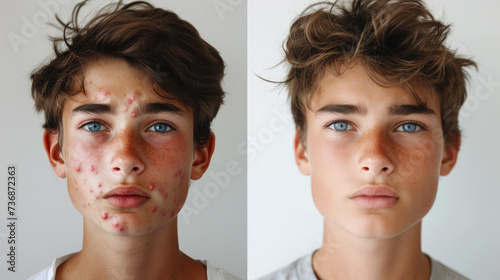 Pimples on the face of a teenager. Treatment of acne.