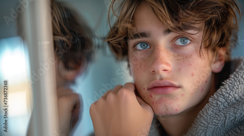 Pimples on the face of a teenager.