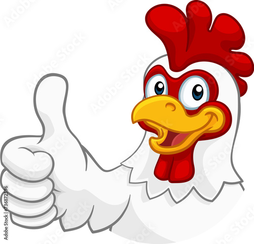 A chicken cartoon rooster cockerel character mascot giving a thumbs up.