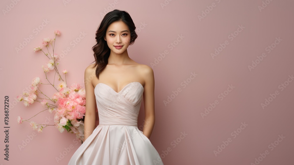 Elegant Asian Woman in White Dress with Pink Flowers Background, Open Empty Text Copy Space Used for a Poster, Announcement, Invitation, or Sign
Elegant Asian Woman in White Dress with Pink Flowers Background, Open Empty Text Copy Space Used for a Poster, Announcement, Invitation, or Sign