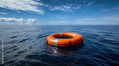 Orange lifebuoy floating in the open sea It is a symbol of safety and hope under the wide sky.