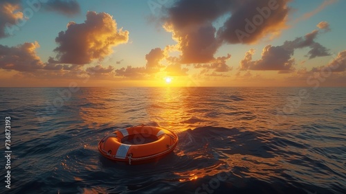 Orange lifebuoy floating in the open sea It is a symbol of safety and hope under the wide sky.
