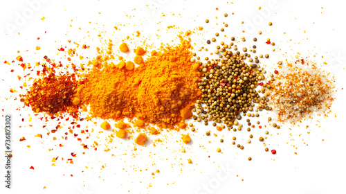 Minced curry pile, turmeric, fenugreek, mustard, coriander, paprika, pepper and cumin isolated on white, top view photo