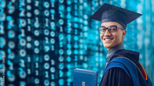 Portrait of a smiling computer science graduate student with graduation diploma, hat and suit - Copy Space