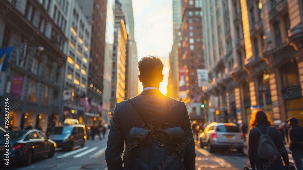 Business man with his back to the camera walking through the streets of a large city with buildings. Business man with his back to the camera walking through the streets of a large city with buildings.