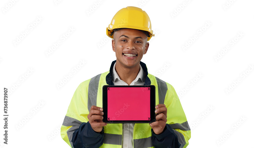 Engineer, man and showing tablet screen in portrait for mockup, space or promo isolated on a transparent png background. Happy, construction worker or technology for advertising with tracking markers