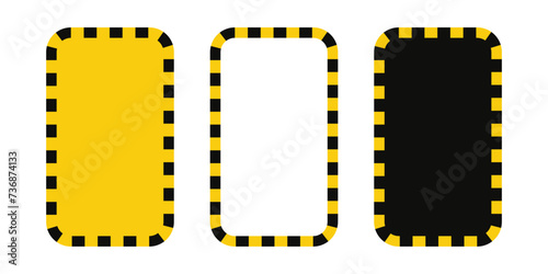 Warning rectangle frame with yellow and black tape. Barricade lines. Rectangle warn frame with text space set. Yellow and black caution tape border. Vector illustration on white background.