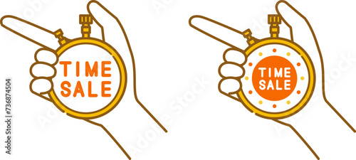 ストップウォッチを手に持つタイムセールアイコンセット（指差し）