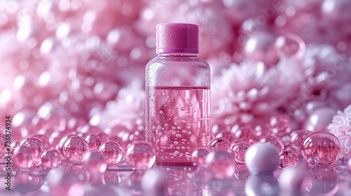  a pink bottle sitting on top of a table next to a bunch of white and pink balls on the ground.
