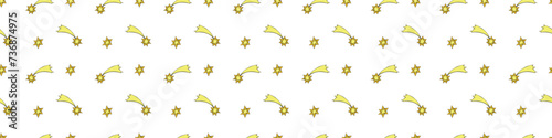 Seamless pattern of yellow stars  comets in doodle flat style. Simple color background and texture on theme of night sky  space  astronomy  kids design