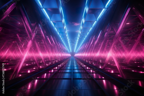 abstract blue background, pink neon light inside triangular tunnel, portal inside modern minimal room © sisir