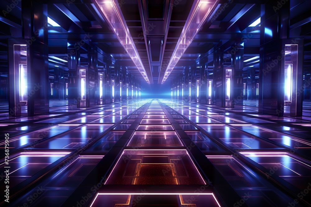3d render, abstract neon light background, bright glowing lines inside square tunnel, ultraviolet portal, performance stage, showcase, empty corridor, podium with floor reflection