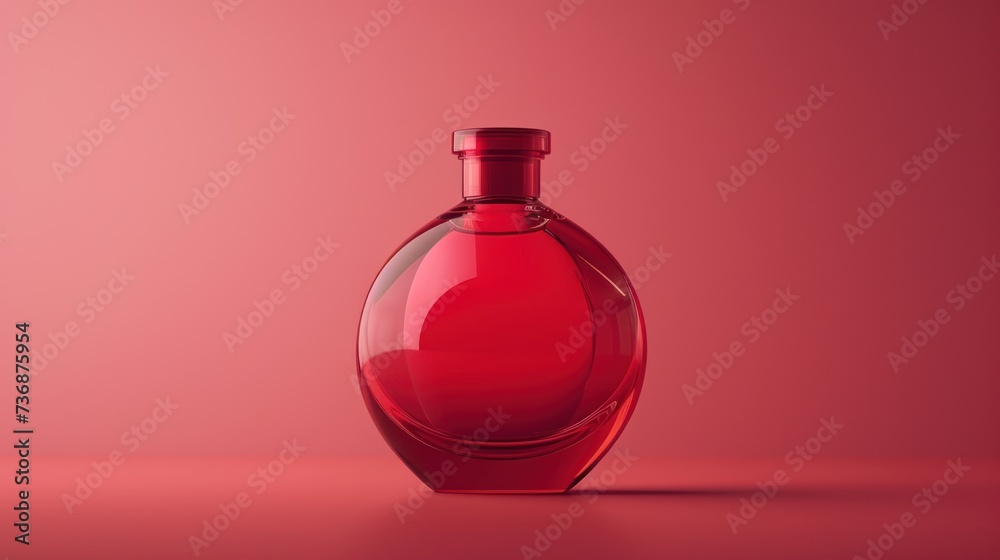 a red glass bottle sitting on top of a red table next to a pink wall and a red wall behind it. a red glass bottle sitting on top of a red table next to a pink wall and a red wall behind it.